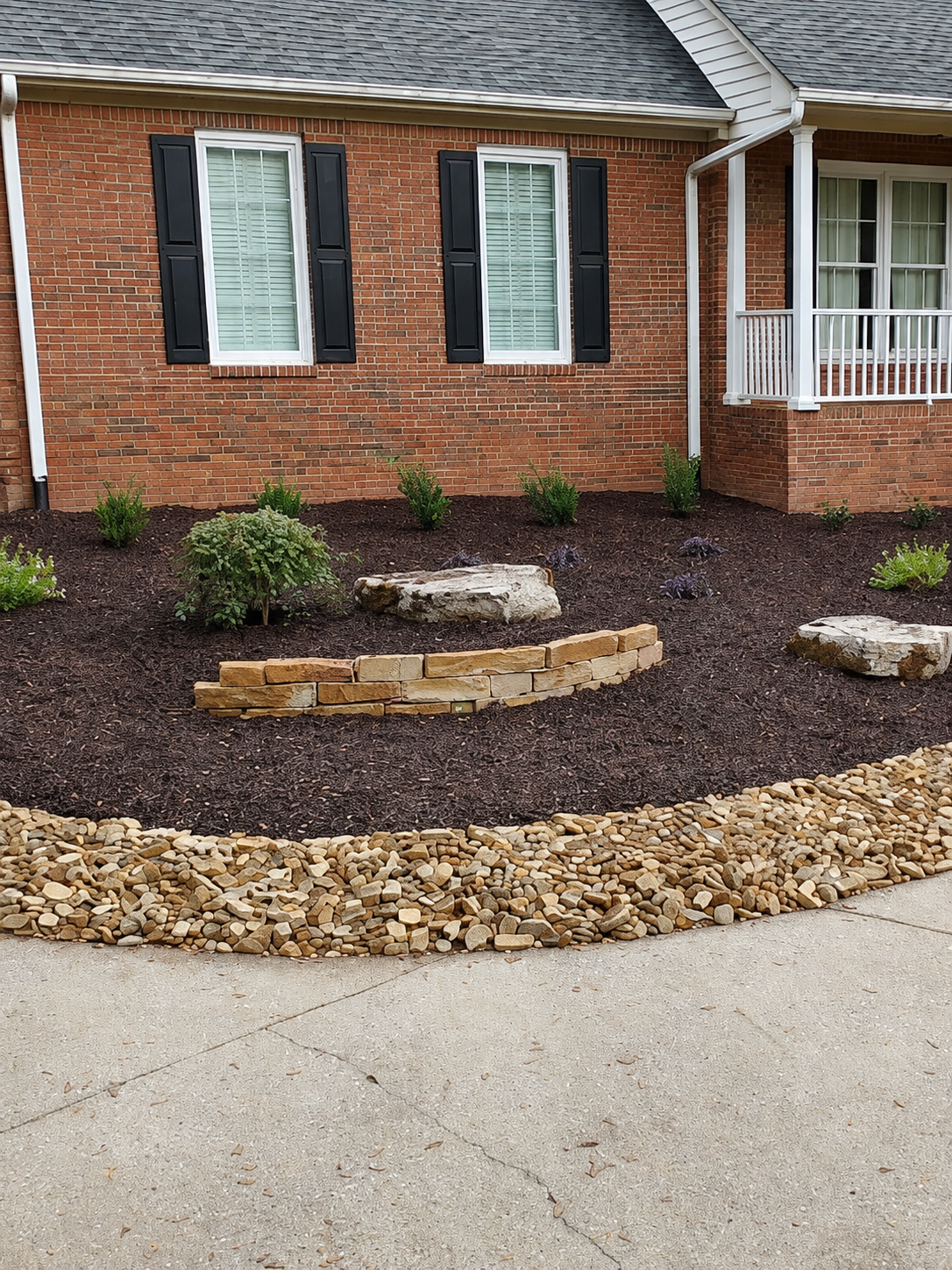 Landscaped residential property with fresh sod and stone accents