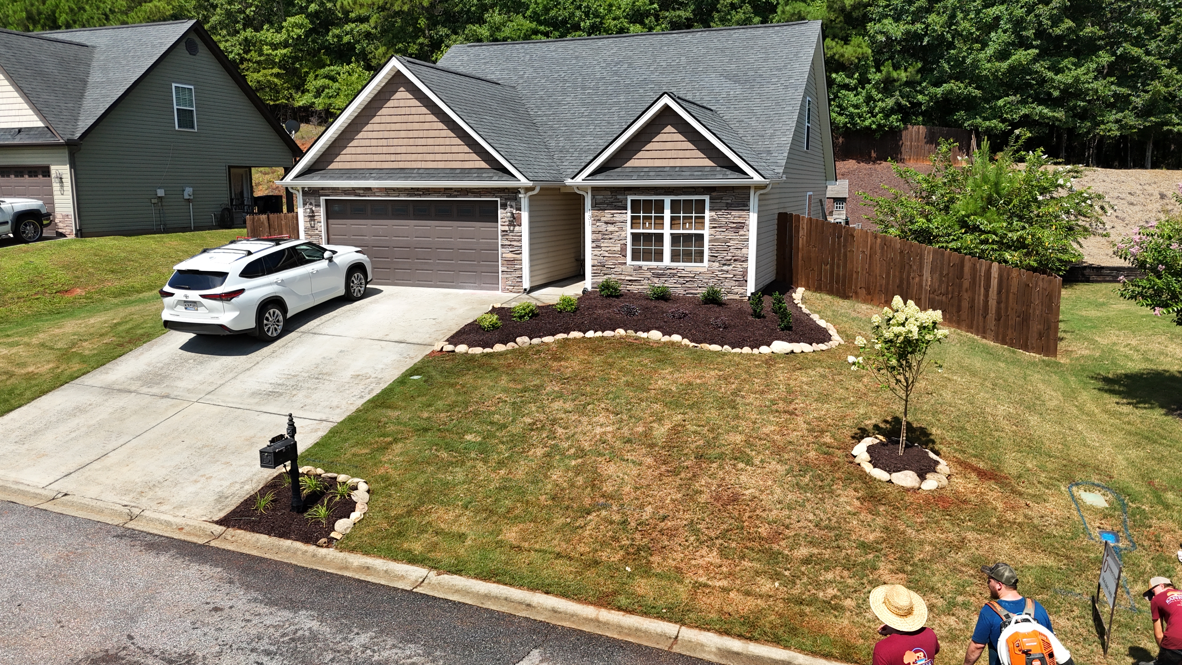 Aerial drone view of a completed landscaping project